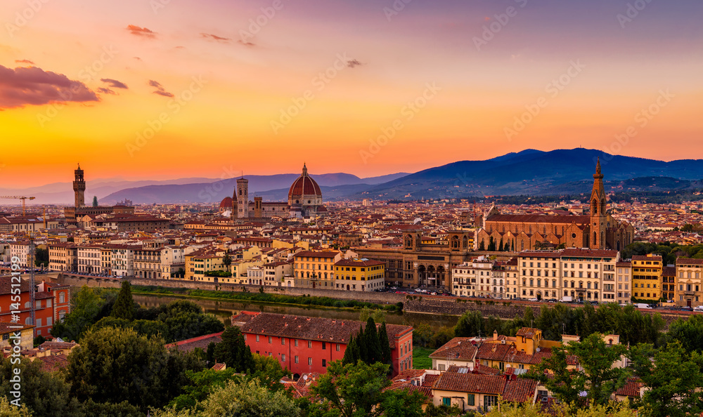 Sunset view of Florence, Palazzo Vecchio and Florence Duomo, Italy