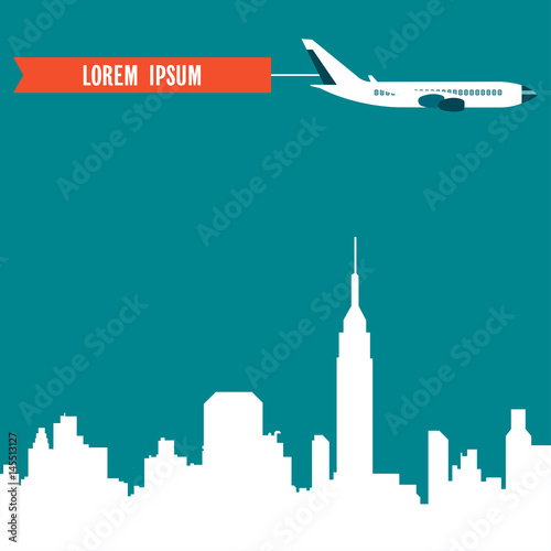 Air travel Vector illustration Poster template with space for text The airplane with banner is flying over the city Flat design