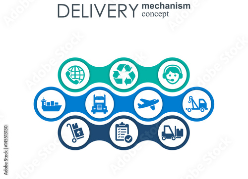 Delivery mechanism concept. Abstract background with connected gears and icons for logistic, service, strategy, shipping, distribution, transport, market, communicate concepts. Vector interactive.