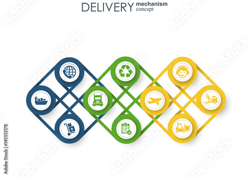 Delivery mechanism concept. Abstract background with connected gears and icons for logistic, service, strategy, shipping, distribution, transport, market, communicate concepts. Vector interactive.
