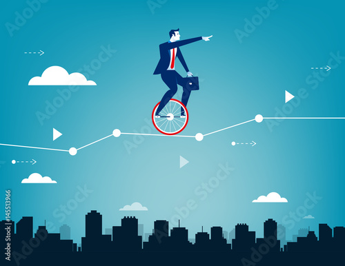 Businessman balancing on unicycle and drive through business chart. Concept business success illustration. Vector business.