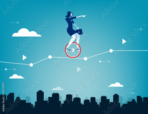 Businesswoman balancing on unicycle and drive through business chart. Concept business success illustration. Vector business.