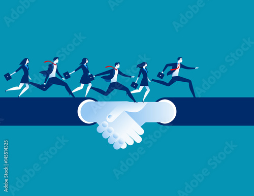 Agreement and hand shake. Business people running on a hand shake. Concept business success illustration. Vector cartoon character.