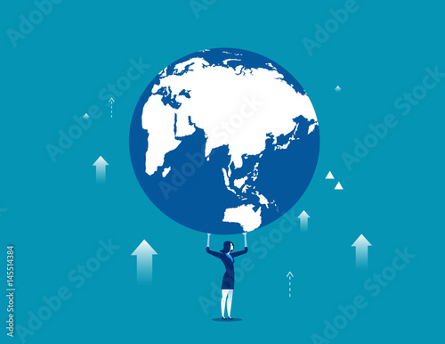 A businesswoman is holding up globe. Concept business illustration. Vector business metaphor flat.