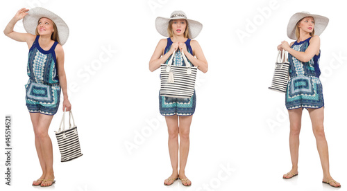 Collage of woman with panama hat isolated on white