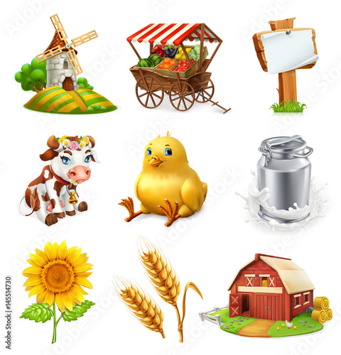 Farm set. Agricultural plants, animals and buildings. 3d vector icon