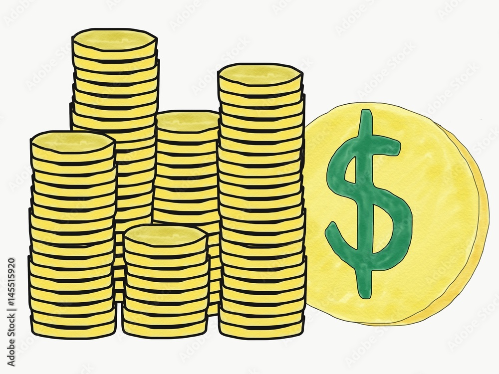 Abstract hand draw doodle stack of dollar money coins logo isolate, illustration, copy space for text, watercolor paint style, children cartoon book style Abstract hand draw doodle stack of dollar money coins logo isolate, illustration, copy space for text, watercolor paint style, children cartoon book style