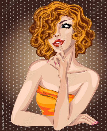 Pin up style sexy dreaming woman portrait, pop art girl looking up face, vector