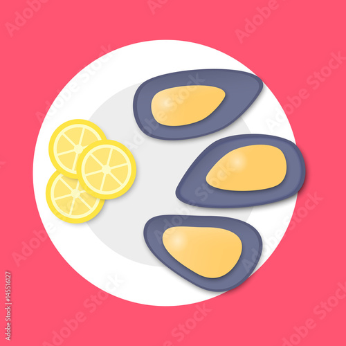 Cooked mussels on plate in flat style on red background