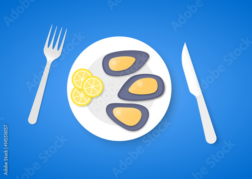 Cooked mussels on plate with fork and knife, on blue background