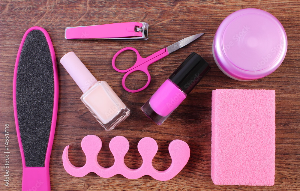 Naklejka premium Cosmetics and accessories for manicure or pedicure, concept of foot, hand and nail care