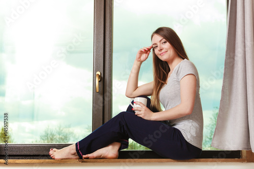Beautiful woman drinking morning coffee. Free Download Beautiful woman drinking morning coffee. - GFXLoad