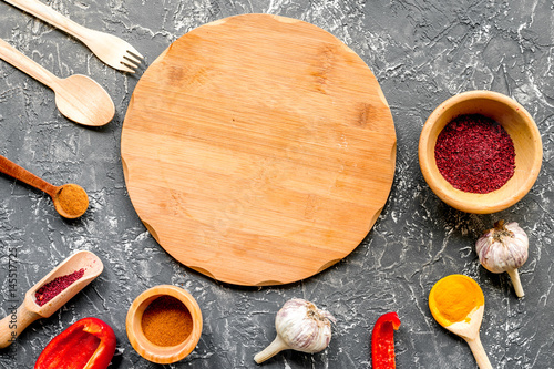 cook work with kitchenware set on dark background top view mock up