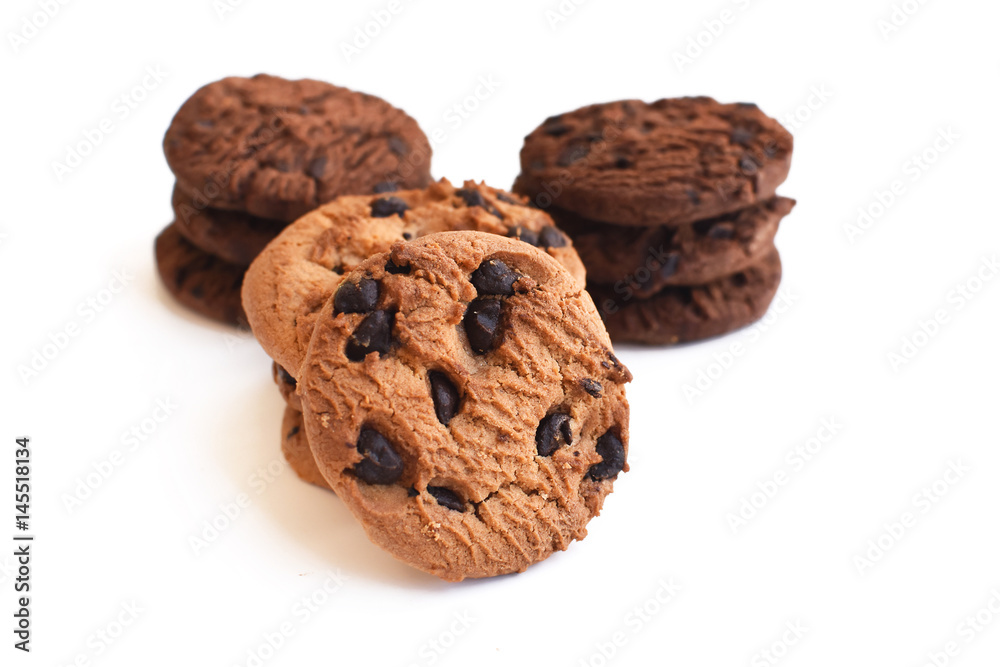 Chocolate chip cookies isolated on white background. Sweet biscuits. Homemade pastry. Chocolate chip cookies isolated on white background. Sweet biscuits. Homemade pastry.