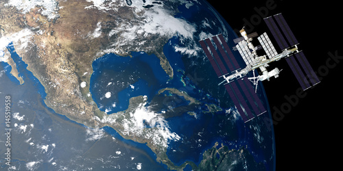 Fototapeta Naklejka Na Ścianę i Meble -  Extremely detailed and realistic high resolution 3D image of ISS - international space station orbiting Earth. Shot from outer space. Elements of this image are furnished by NASA.