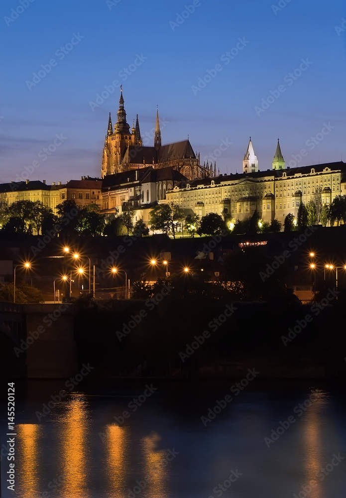 Evening view with Prague Castle (Prazsky Hrad) and Vltava river