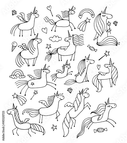 Magic unicorns design for coloring book