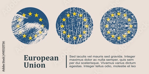 European Union flag design concept. Flags collection textured in grunge style with country name. Image relative to travel and politic themes. Translation of the inscription: European Union