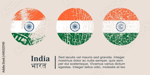 India flag design concept. Flags collection textured in grunge style with country name. Image relative to travel and politic themes. Translation of the inscription: India