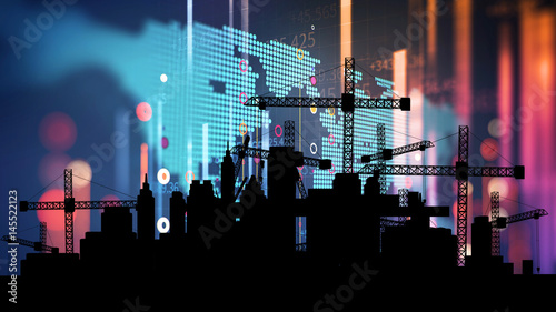 Fototapeta Naklejka Na Ścianę i Meble -  3d illustration of mobile and tower cranes in silhouette