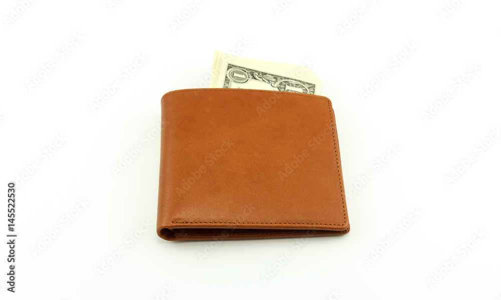 Brown wallet with cash On a white background Brown wallet with cash On a white background