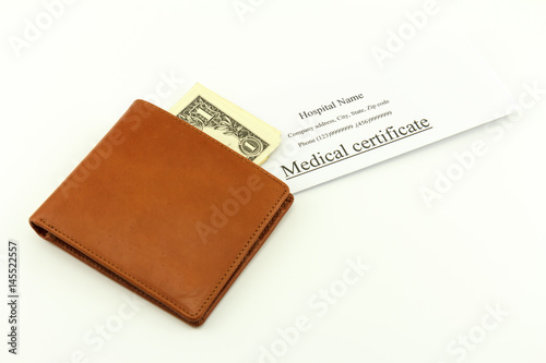 Brown wallet cash with medical certificate on a white background