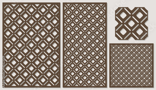 Set of decorative panels laser cutting. a wooden panel. Modern elegant classic diagonal square pattern allover. The ratio 2:3, 1:2, 1:1, seamless. Vector illustration.