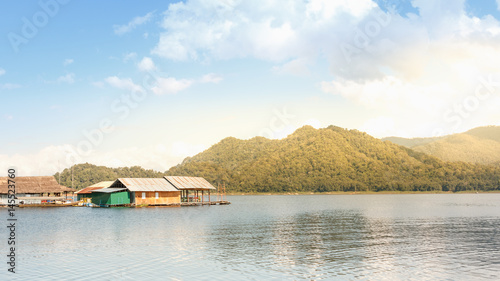 Floating house on the water with nature background at Chiangmai ,Thailand