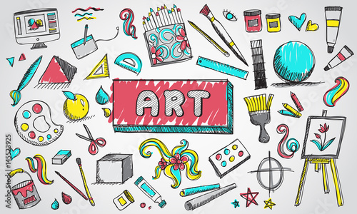 Fototapeta Sprzęt artystyczny i stacjonarne doodle i ikona modelu narzędzia w tle. Sztuka tematyczna doodle używana do edukacji szkolnej lub dekoracji dokumentu z tematycznym tekstem nagłówka, tworzona przez wektor