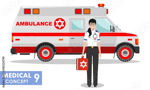 Medical concept. Detailed illustration of jewish emergency doctor woman and ambulance car in flat style on white background. Vector illustration.