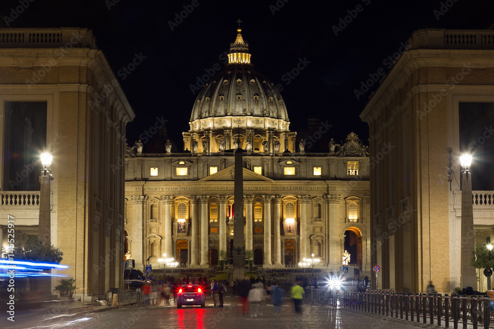 Vatican Rome by night St. Peter's Basilica and street