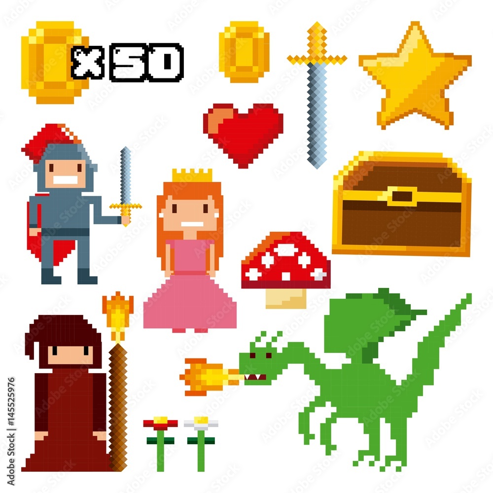 pixelated video game icons vector illustration design