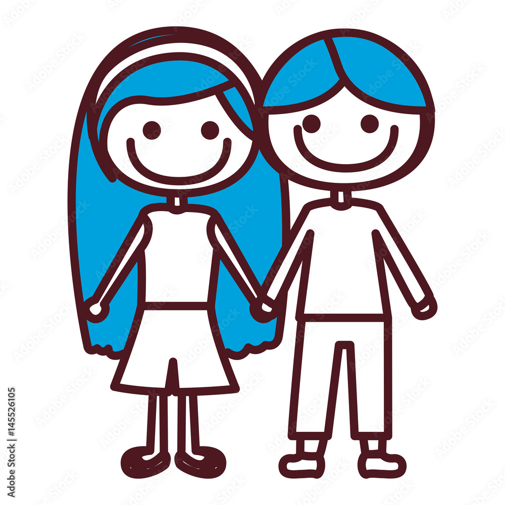 hand drawing silhouette caricature couple kids with blue hair in casual clothes taken hands vector illustration hand drawing silhouette caricature couple kids with blue hair in casual clothes taken hands vector illustration