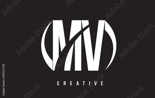 MV M V White Letter Logo Design with Black Background.