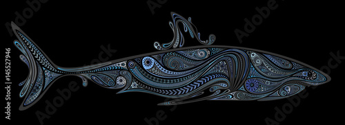 Beautiful blue shark vector patterns on a black background