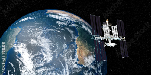 Fototapeta Naklejka Na Ścianę i Meble -  Extremely detailed and realistic high resolution 3D image of ISS - international space station orbiting Earth. Shot from outer space. Elements of this image are furnished by NASA.