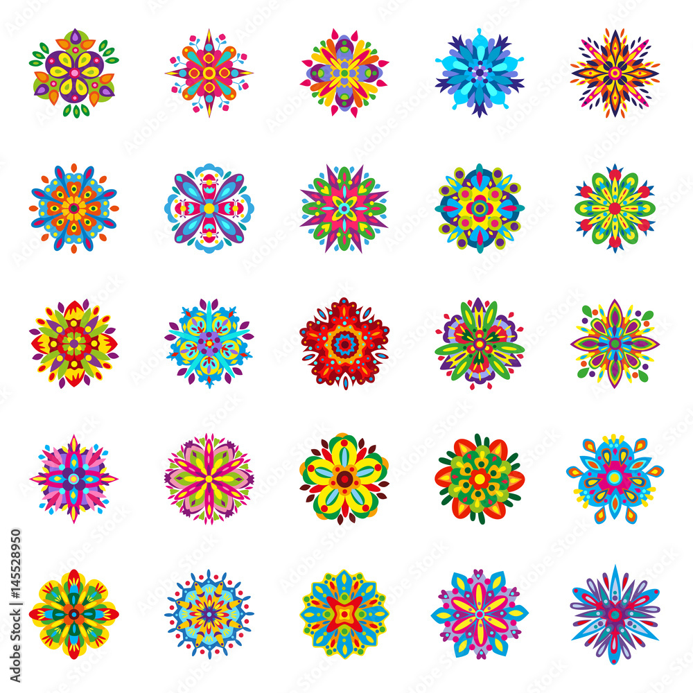 Set of twenty-five isolated symmetrical multicolored flowers consisting of geometric elements Vector illustration