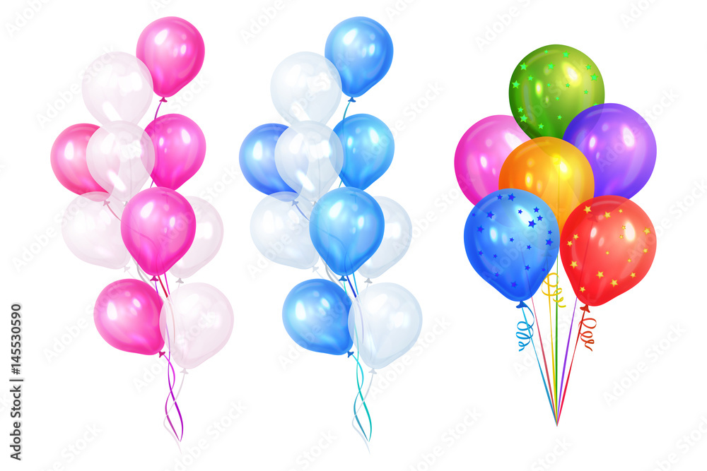 Bunches of colorful helium balloons isolated on white background. Party decorations for birthday, anniversary, celebration. Vector illustration. Bunches of colorful helium balloons isolated on white background. Party decorations for birthday, anniversary, celebration. Vector illustration.