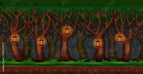 Panorama cartoon background of a forest. Seamless parallax for 2D arcade video game. Glade of green grass and trees lit by lanterns at night. Vector illustration