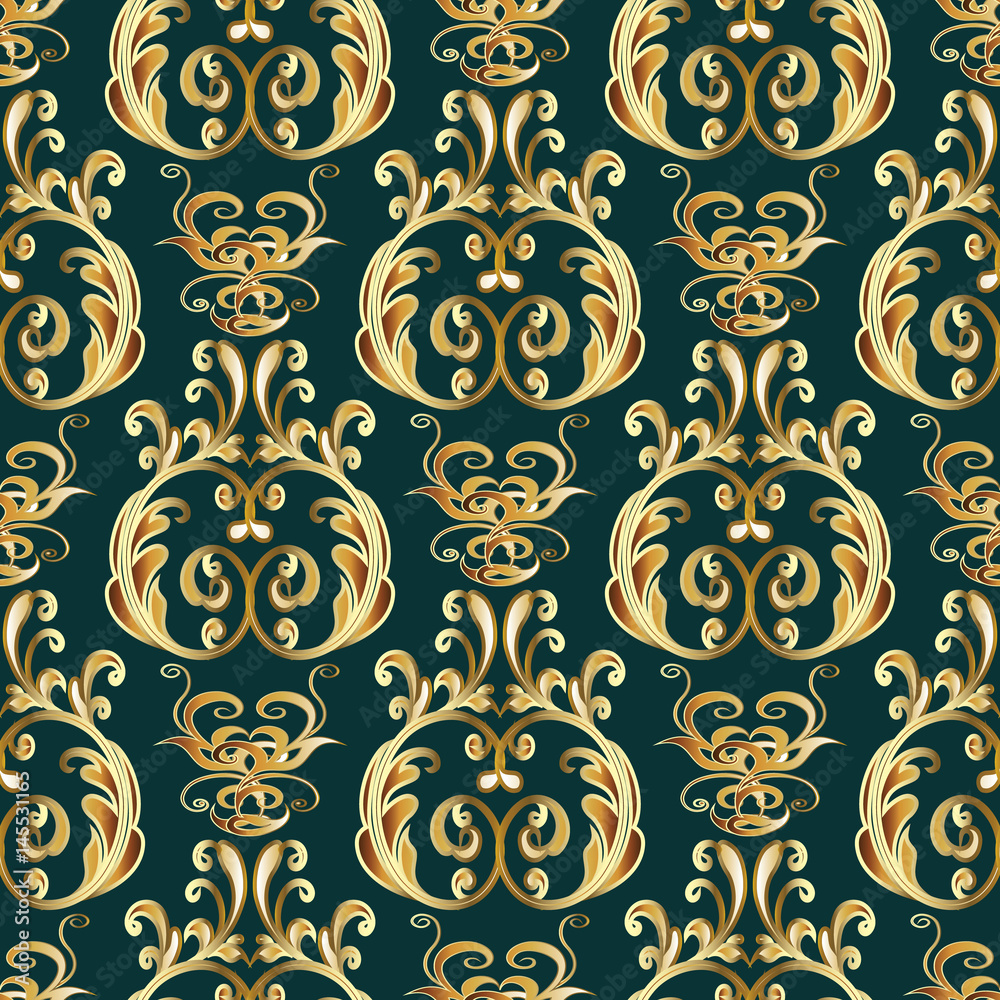 Baroque floral seamless pattern background wallpaper illustration with  vintage 3d gold flowers, leaves and antique damask  dark  green texture for fabric, print, textile Stock Vector | Adobe Stock