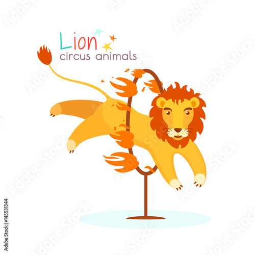 Circus lion jumps through the hoop and the fire. Trained predatory animal performs dangerous trick at circus arena. Vector illustration in cartoon style for ticket, invitation, card, flyer