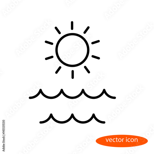 Simple vector linear image of the sun and waves on the sea, a flat line icon for a travel agency