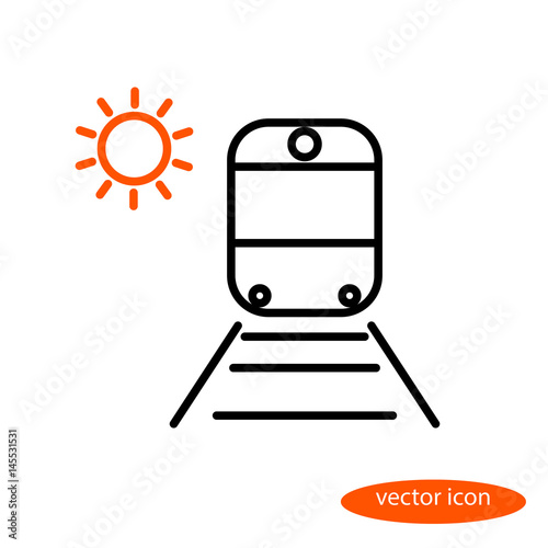 Simple vector image of a train on rails with sleepers and orange sun, a flat line icon for a travel agency