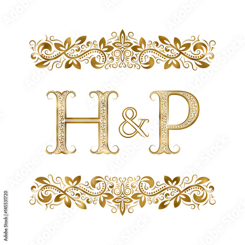 H and P vintage initials logo symbol. The letters are surrounded by ornamental elements. Wedding or business partners monogram in royal style.