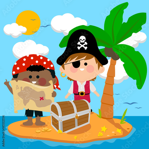 Children pirates find a chest filled with treasure on an island. Vector illustration