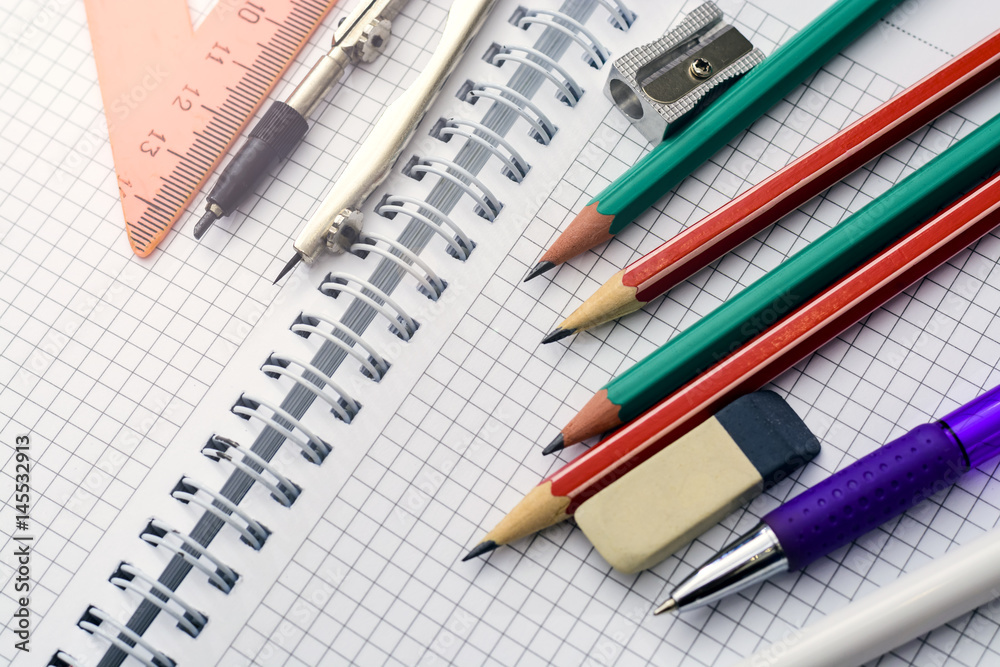 Stationery and notebook close-up. Concept - learning, school