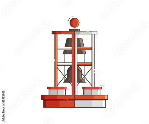 Floating red bell buoy vector illustration. Sea navigation marker isolated on white background. Marine lateral mark icon in flat design.