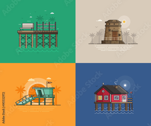 Travel seaside landscapes set with different sea coast scenes. Summer beach backgrounds with lighthouse, lifeguard tower, wooden jetty pier and fisherman house. Summer holidays concept illustrations.