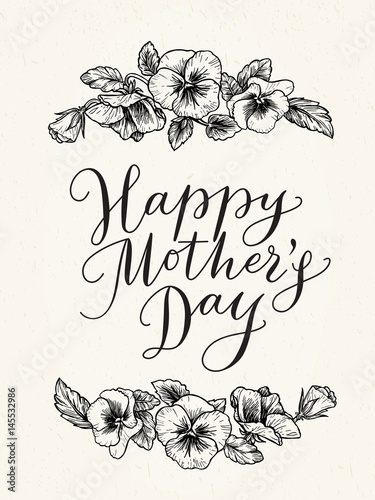 Happy mothers day card with text and frame of vintage botanical 