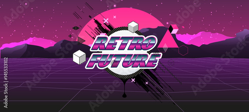 80s Retro Sci-Fi Background with Sunrise or Sunset. Vector futuristic synth retro wave illustration in 1980s posters style.  Vector Illustation,